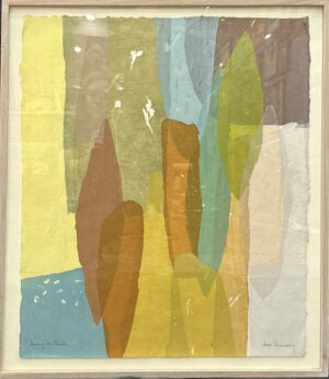 Titled and signed print “Sewing the Reeds” by Daga Ramsey, American artist, showing a meditative, abstracted scene in warm earth tones.