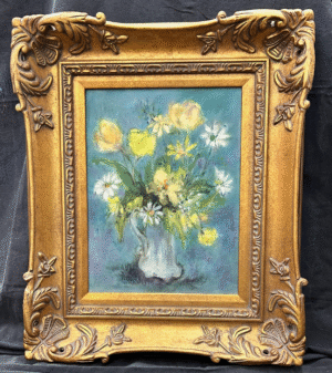Oil painting “Floral Still Life” by Ruth Tears, American artist, showing a softly rendered bouquet in warm tones.