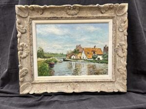 Oil painting “St. Bérain S/D’Huene” by Manes Lichtenberg, American artist, depicting a serene European village in muted tones.