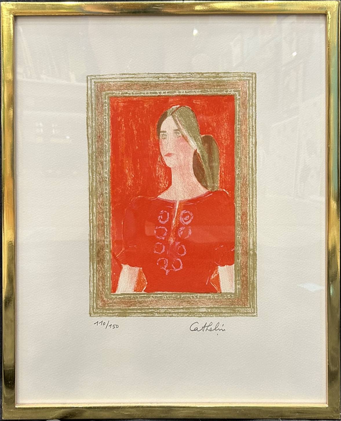Limited edition color lithograph “Dominique à la Blouse” by Bernard Cathelin, French artist, featuring a bold, stylized female figure.