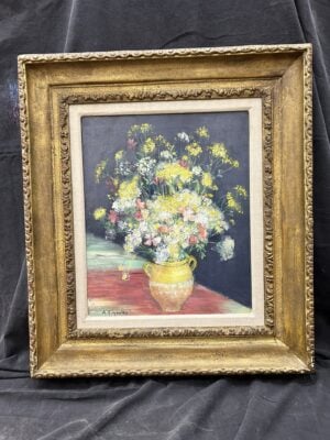 Oil painting “Floral in Vase” by André Vignoles, French artist, featuring a vibrant arrangement of flowers in an earthen vase.