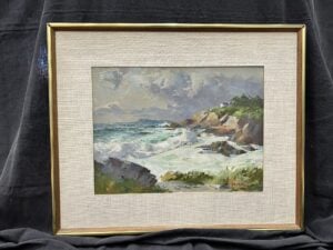 “Seascape 2” oil painting by Alphonse Joseph Shelton, British artist, depicting a coastal view in muted blue and grey tones.