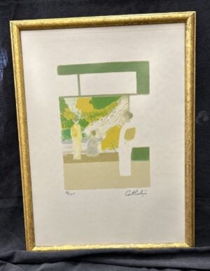 Limited edition color lithograph “Green, Yellow and Tan” by Bernard Cathelin, French artist, featuring bold, abstracted color blocks.