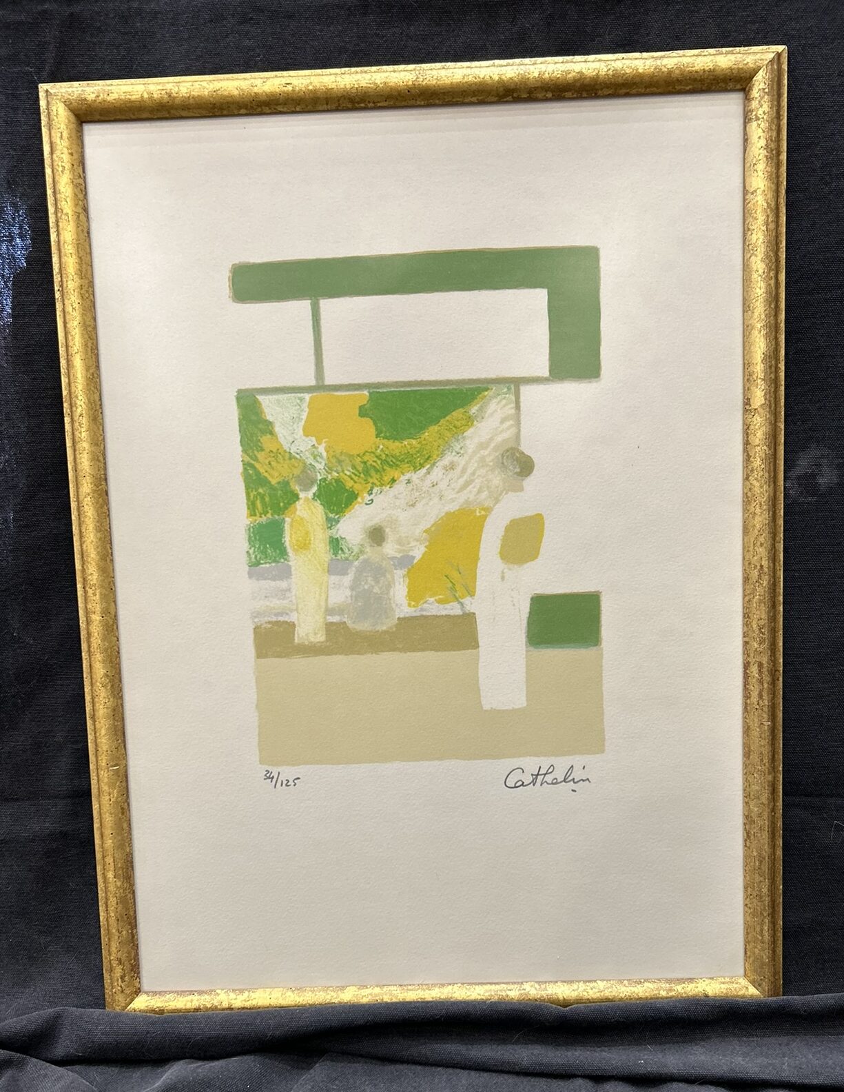 Limited edition color lithograph “Green, Yellow and Tan” by Bernard Cathelin, French artist, featuring bold, abstracted color blocks.