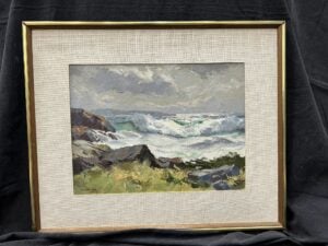 Seascape oil painting by Alphonse Joseph Shelton, British artist, depicting calm ocean waves in blue-grey tones.