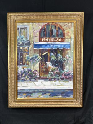 Oil painting “Fleurista” by Lopez, depicting a woman surrounded by flowers in expressive color and form.