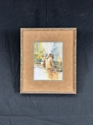 Watercolor painting of a nude young woman seated on the beach, facing away, by Finis F. Collins.
