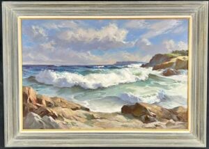 Oil painting “Land’s End” by Alphonse Joseph Shelton, signed verso with artist’s name and Seabrook, NH address.