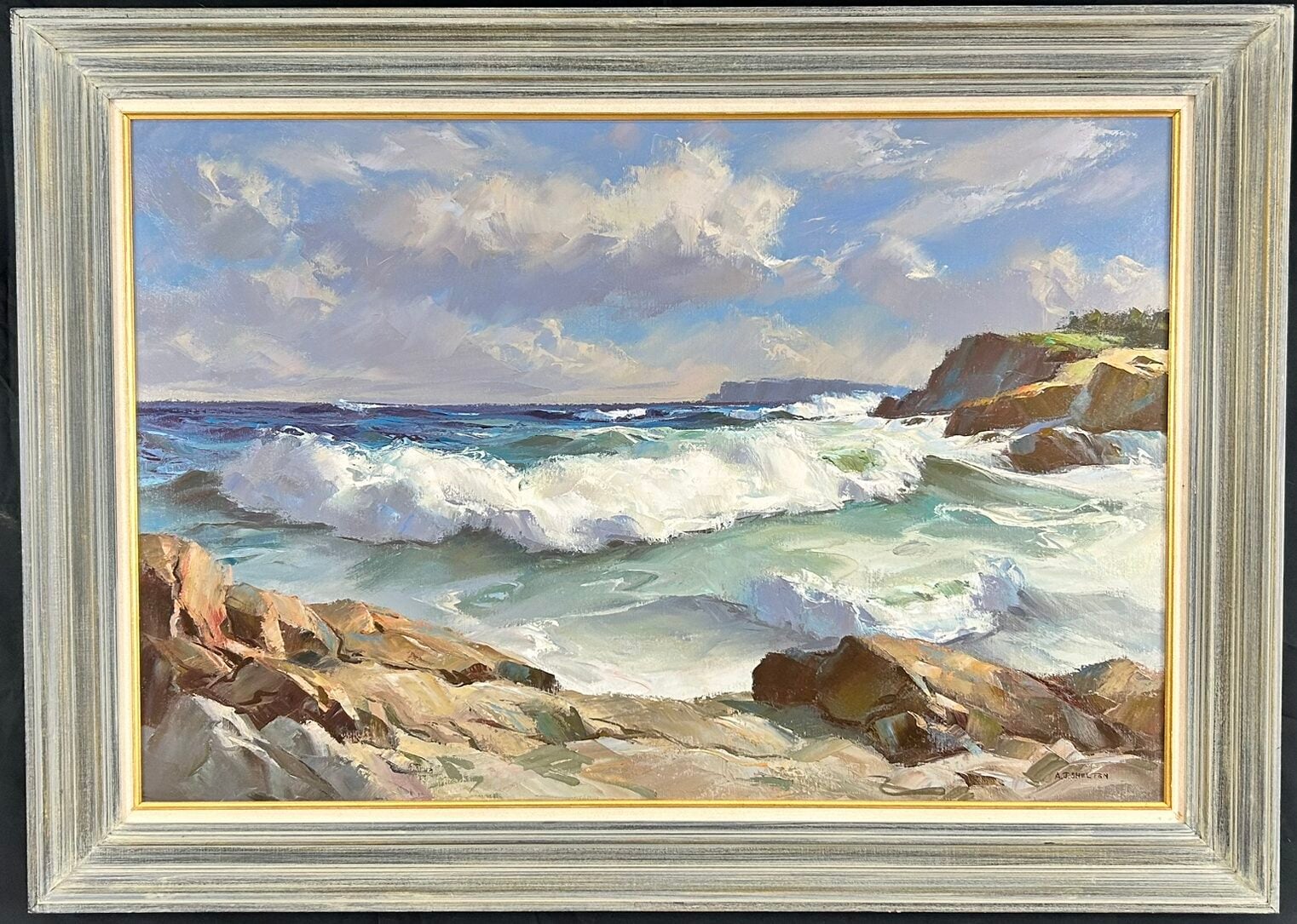 Oil painting “Land’s End” by Alphonse Joseph Shelton, signed verso with artist’s name and Seabrook, NH address.