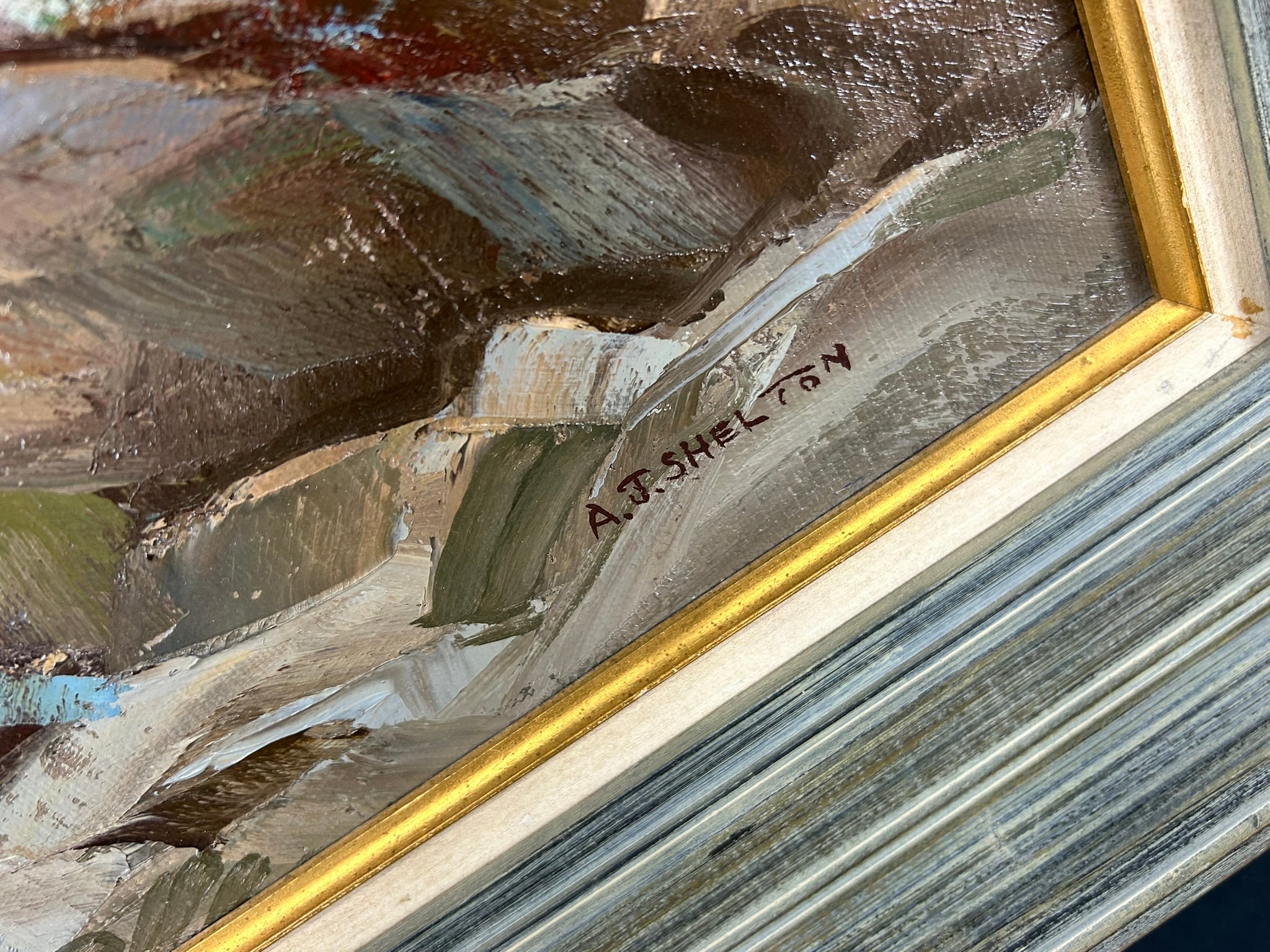 Alphonse Joseph Shelton British, 1905-1971 Land's End Oil on Canvas Signed verso Alphonse J. Shelton Lafayette Road, Route 1 Seabrook, N.H. $3,500