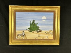 Oil painting “Desert Pair” by Fleur Cowles, 1984, depicting a tiger and lizard near desert flora under a pale sky.