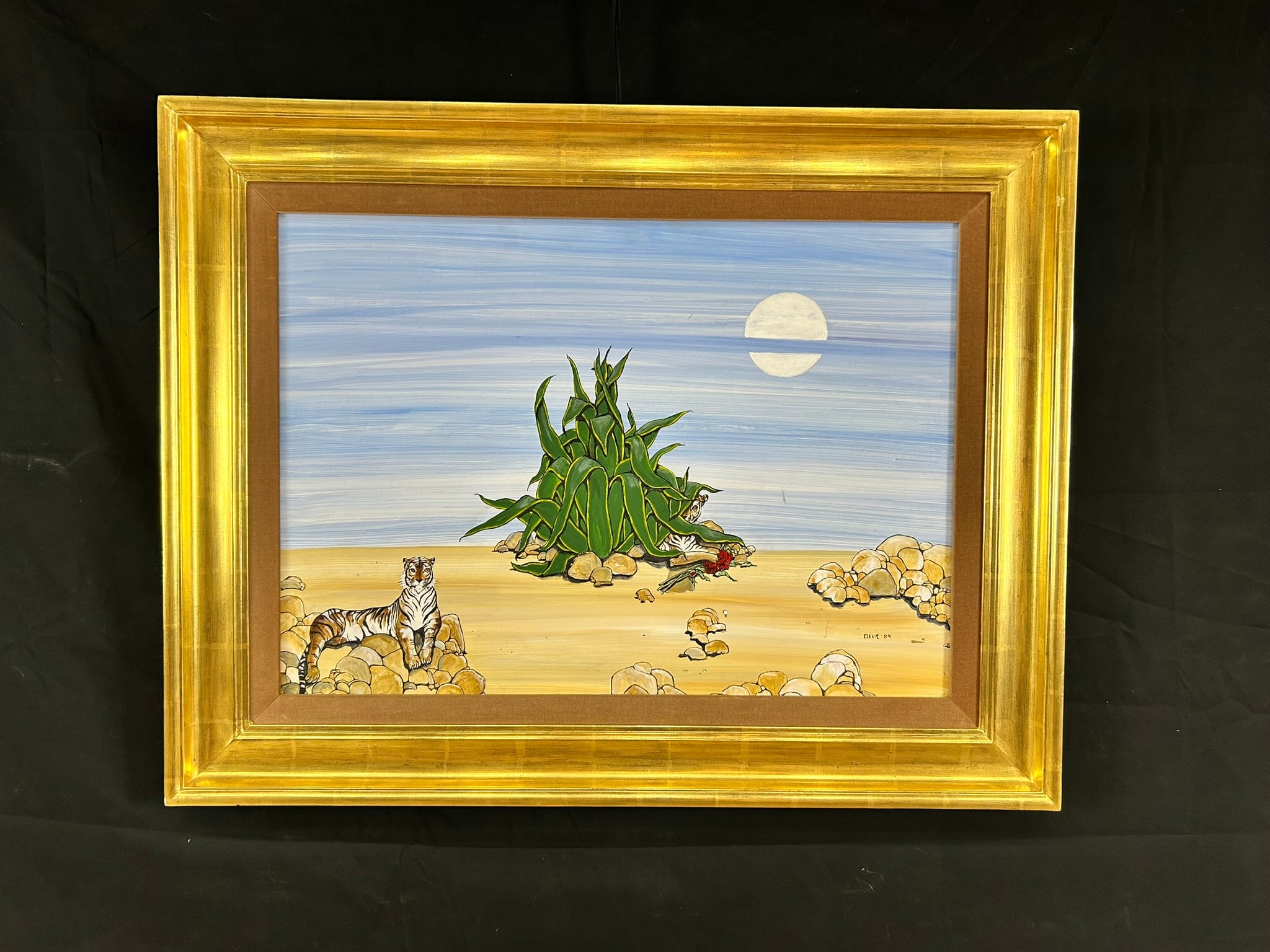 Oil painting “Desert Pair” by Fleur Cowles, 1984, depicting a tiger and lizard near desert flora under a pale sky.