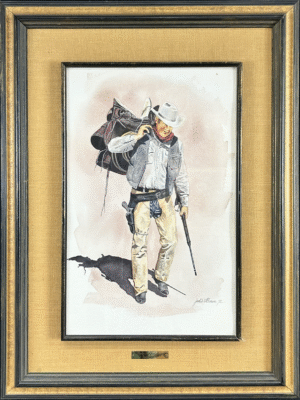 Watercolor of a cowboy carrying his saddle and rifle, titled “Time to Saddle Up” by Jodie Boren (American, 1972), signed and dated lower right.