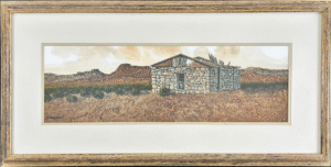 Watercolor landscape titled “Stone Cabin in the Desert” by George Boutwell (American, b. 1943) featuring a crumbling stone structure and distant mountains, signed lower left.