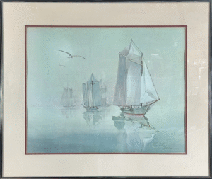 Watercolor painting by Richard E. Williams showing several sailboats gliding across a calm sea with seabirds flying overhead, rendered in soft blue tones.