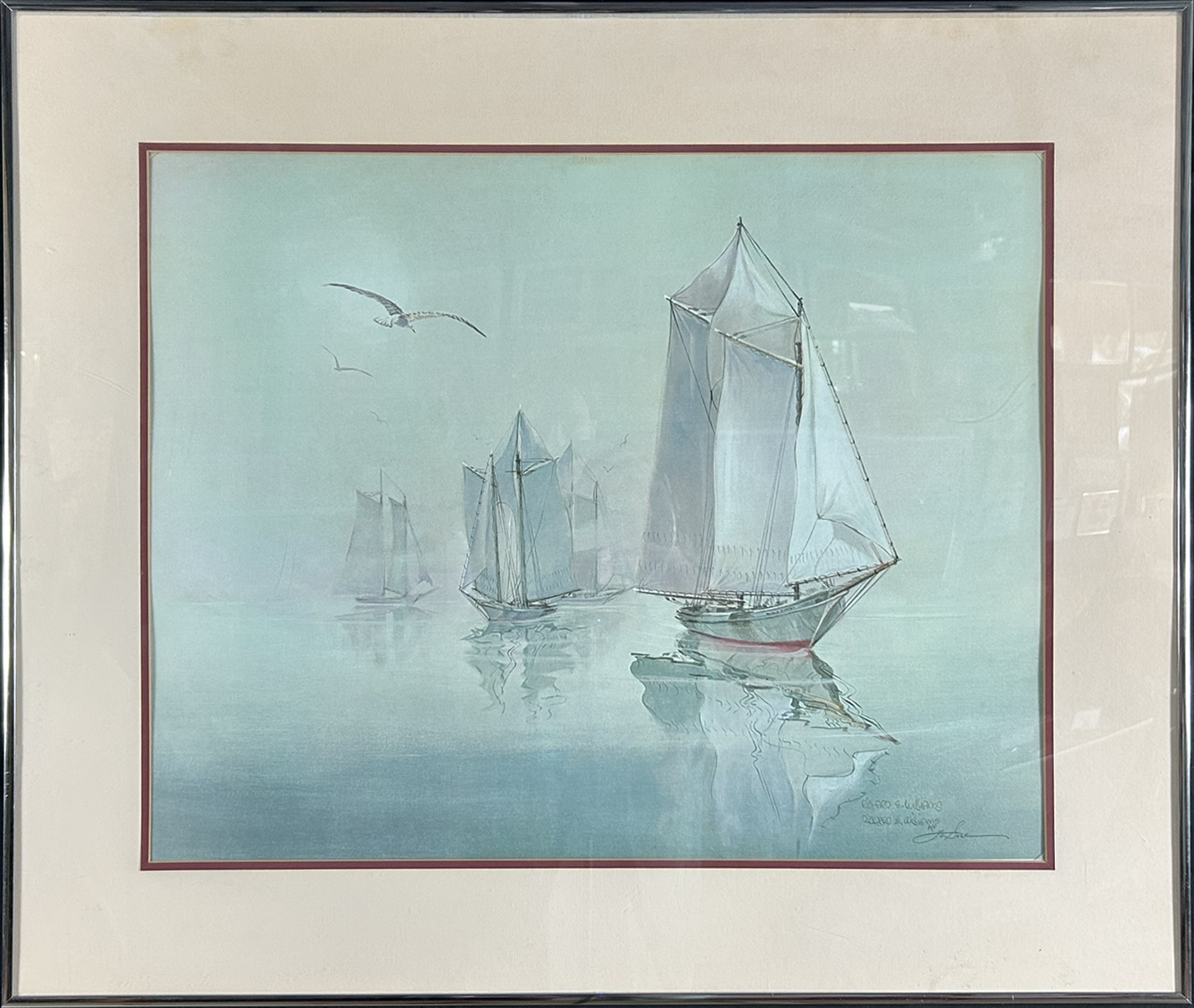 Watercolor painting by Richard E. Williams showing several sailboats gliding across a calm sea with seabirds flying overhead, rendered in soft blue tones.