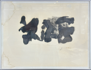 Abstract ink drawing by American artist Jack Ramsey featuring gestural black forms on aged paper with visible damage.