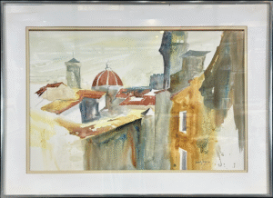 Watercolor cityscape by American artist Dorothy Peterson, featuring European architecture with a red-domed roof and warm ochre tones.
