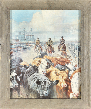 Watercolor painting by Kenneth Wyatt showing cowboys on horseback driving cattle through a stockyard, with a feedlot and industrial buildings in the background.