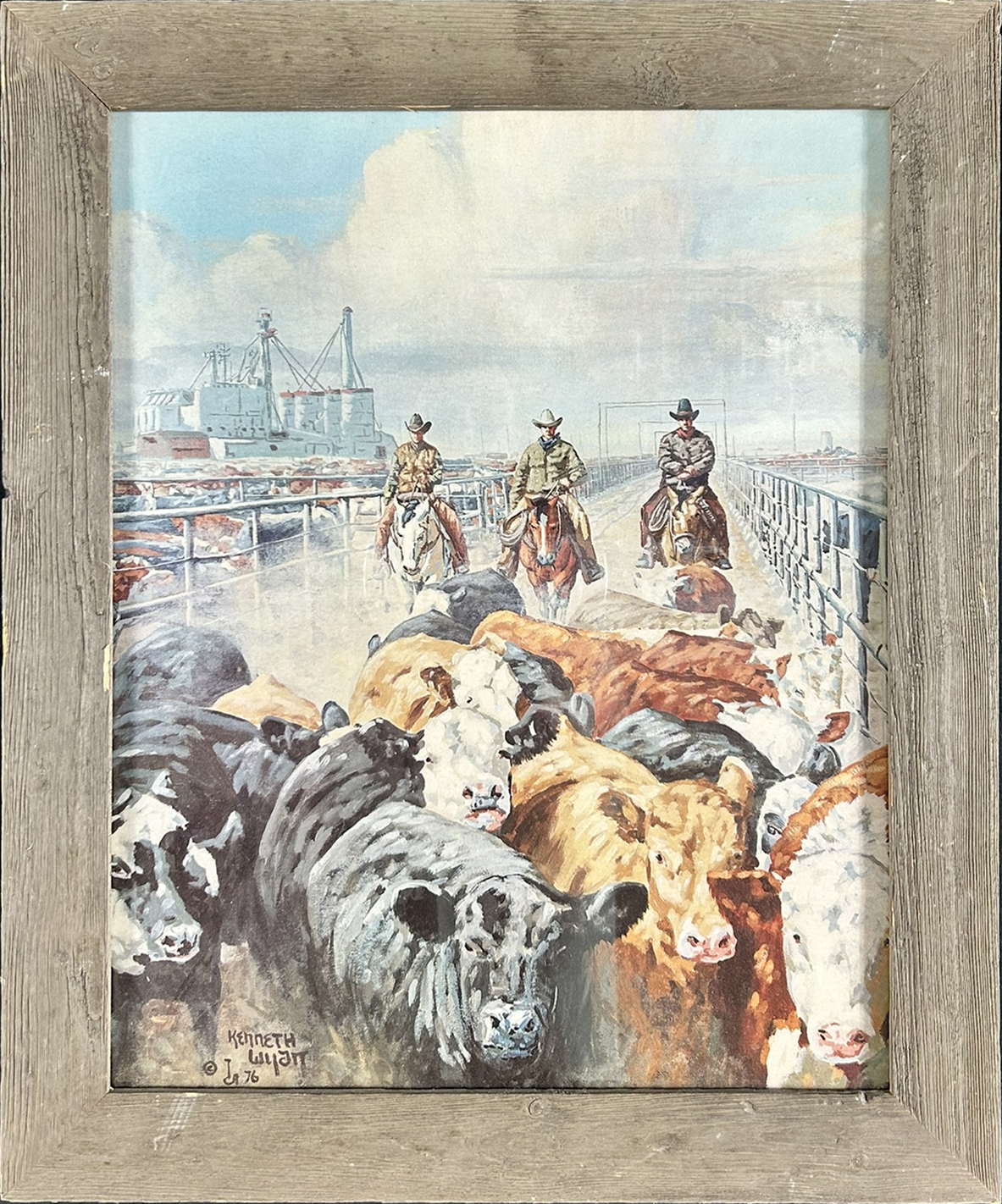 Watercolor painting by Kenneth Wyatt showing cowboys on horseback driving cattle through a stockyard, with a feedlot and industrial buildings in the background.